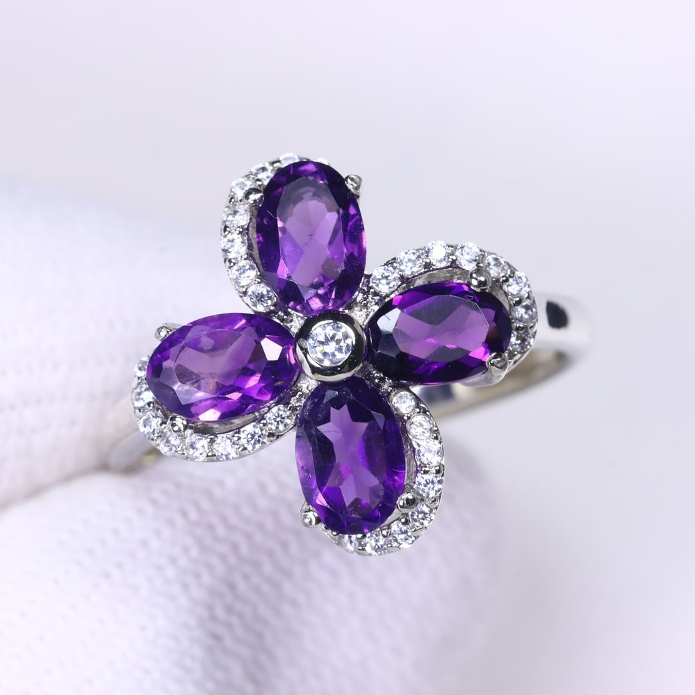 Ring US6.75 Amethyst & Zircon - 925 Sterling Silver - Plated 14k White Gold , 381E (1 of 4)
