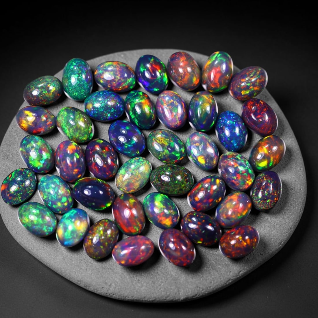 *20.18Ct 7x5mm Smoked Welo Opal Lot - Ethiopian Opal, 362C: Ksmith Heritage Auctioneers Subject: Natural Ethiopian Welo Opal Origin: Ethiopia Carat Weight: 20.18Ct Dimension: 7x5x2.6 mm Treatment: Smoked Type: Cabochon, Polished