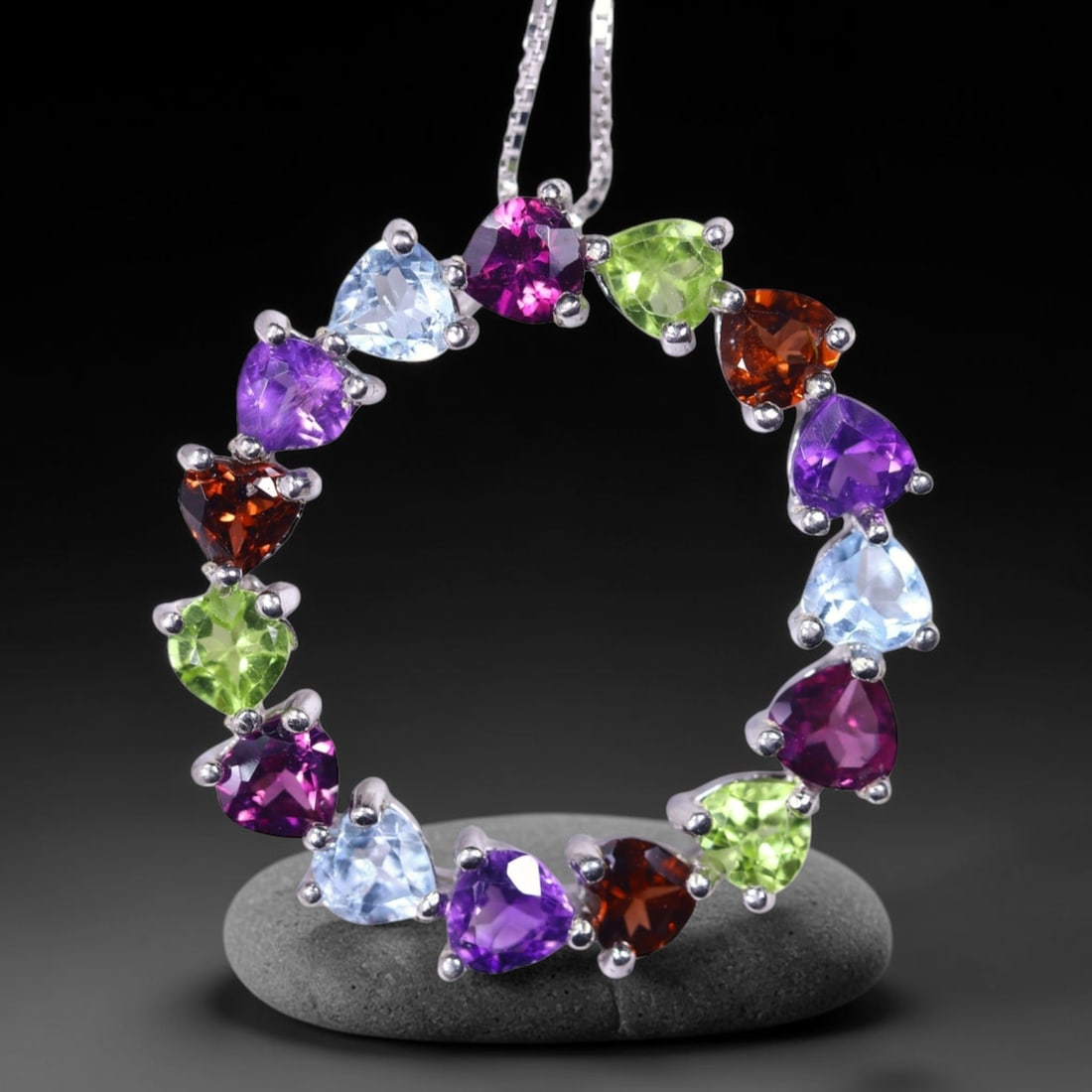 18inches Necklace Multi Gemstones - 925 Sterling Silver - Plated 14K White Gold , 175E: Ksmith Heritage Auctioneers Subject: Natural Amethyst, Sky Blue Topaz, Peridot, Mozambique Garnet, Rhodolite Garnet Origin: Thailand Carat Weight: 5.13g Dimension: Gemstone 4mm Type: