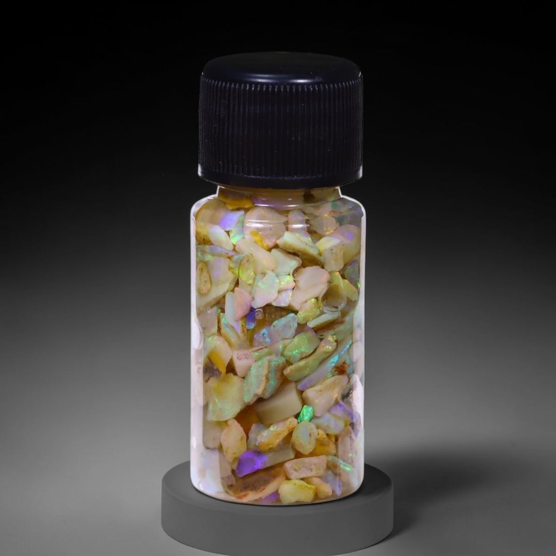 Australian Lightning Ridge Crystal Black Opal Rough Chip Jar (Good For Display), 421B: Ksmith Heritage Auctioneers Subject: Natural Australian Opal Origin: Australia Quantity: 1 Jar as photo
