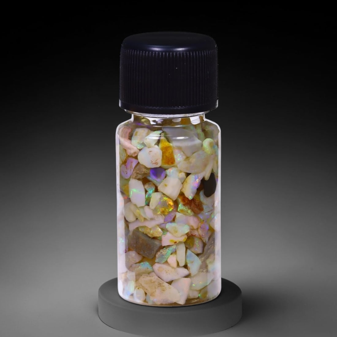 Australian Lightning Ridge Crystal Black Opal Rough Chip Jar (Good For Display), 497B: Ksmith Heritage Auctioneers Subject: Natural Australian Opal Origin: Australia Quantity: 1 Jar as photo