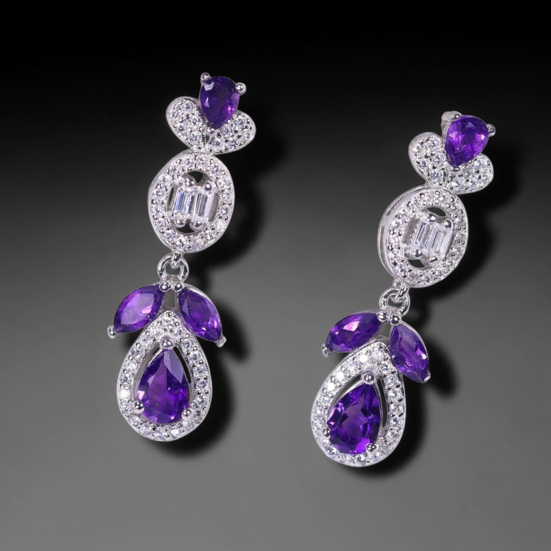 Earrings Amethyst & Simulated CZ - 925 Sterling Silver , 692E (1 of 2)