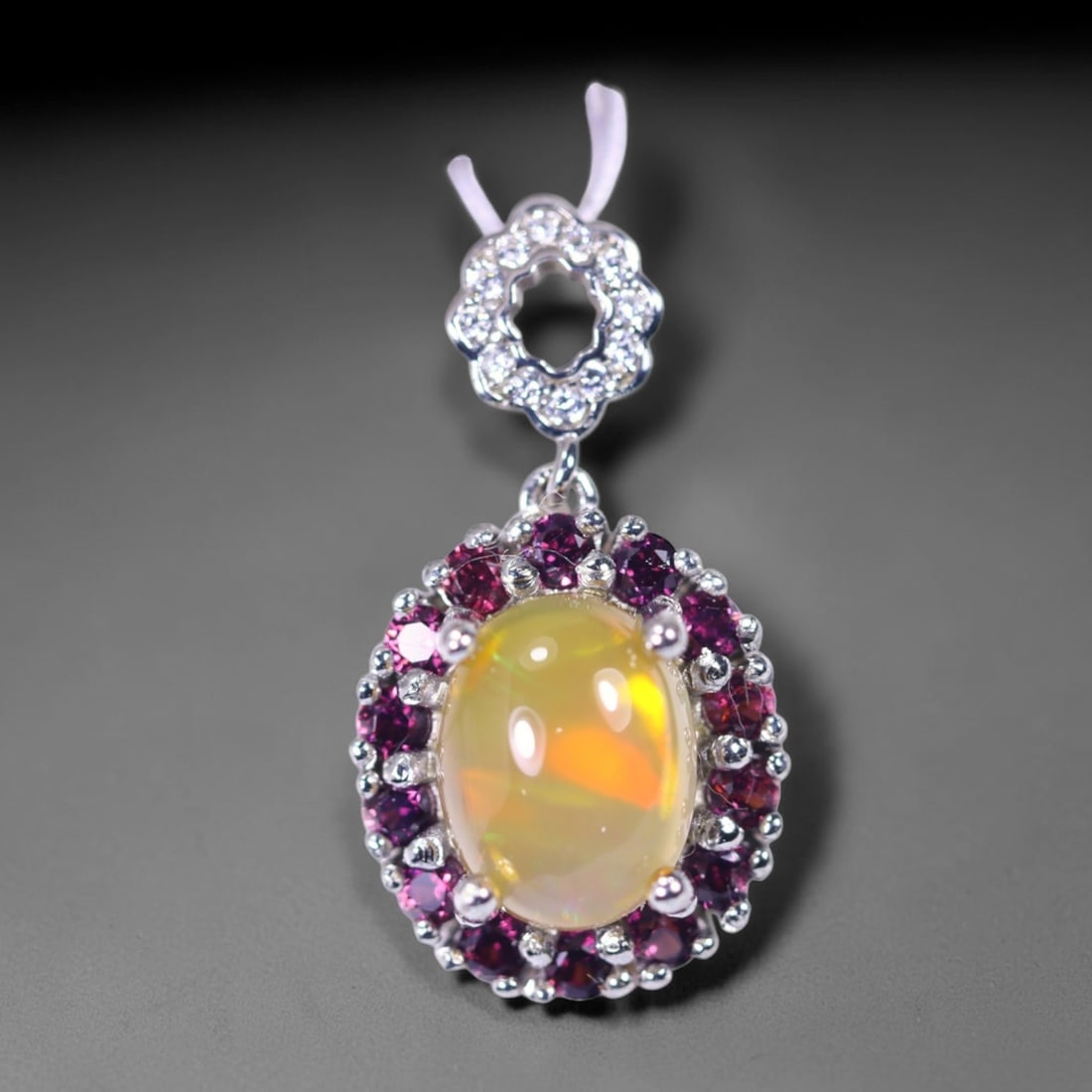 Pendant Opal Zircon & Rhodolite Garnet - 925 Sterling Silver - White Gold Plated , 146E (1 of 3)