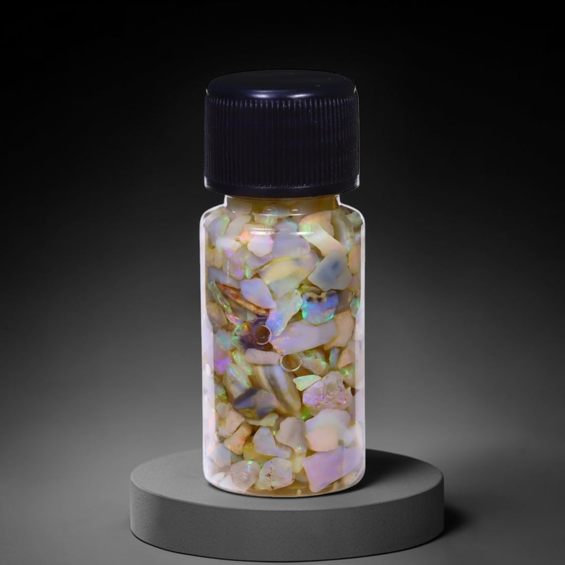 Australian Lightning Ridge Crystal Black Opal Rough Chip Jar (Good For Display), 618B: Ksmith Heritage Auctioneers Subject: Natural Australian Opal Origin: Australia Quantity: 1 Jar as photo