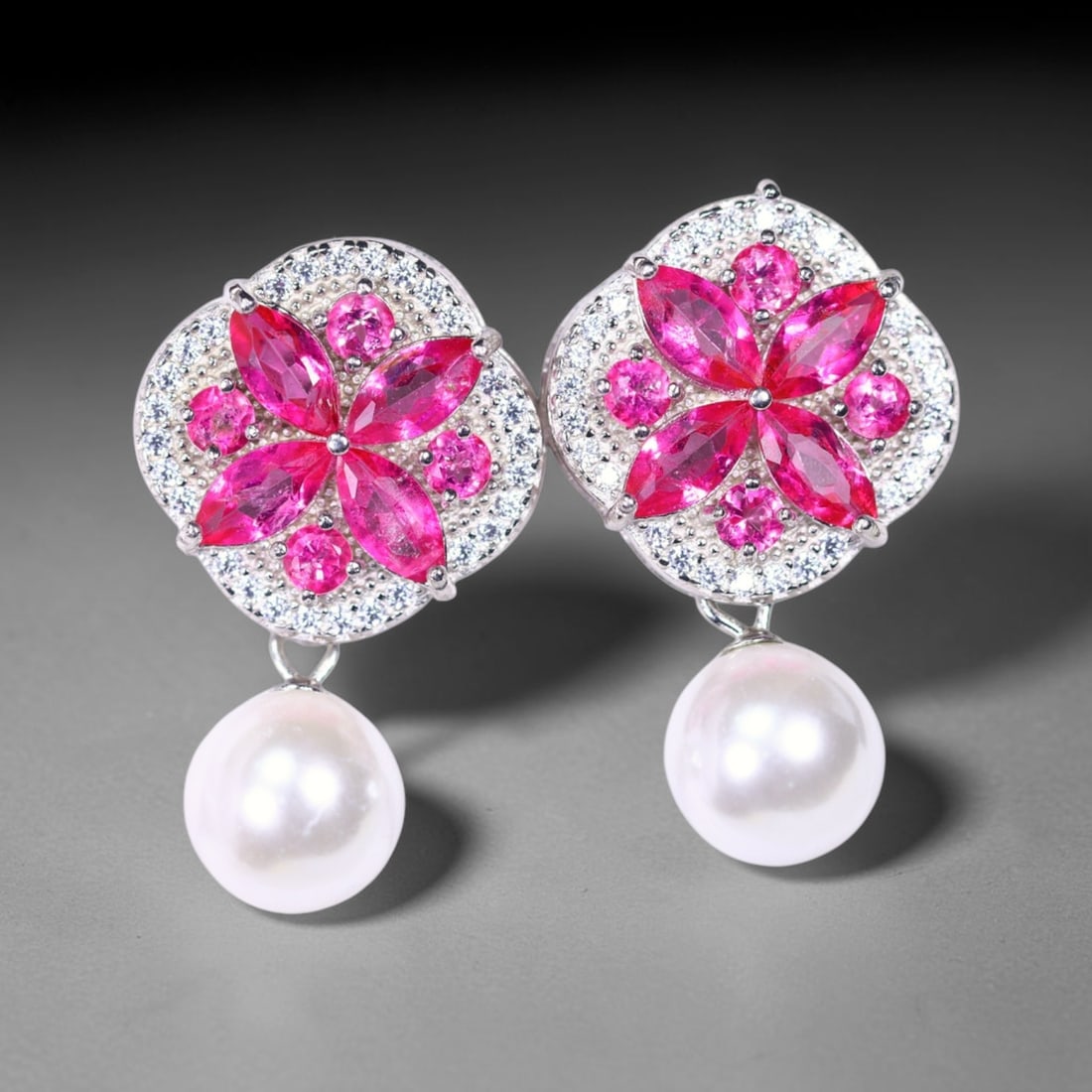 Pink Topaz & Pearl Earrings - 925 Sterling Silver - Plated White Gold , 619E: Ksmith Heritage Auctioneers Subject: Natural Pink Topaz, Pearl, Simulated CZ Origin: Thailand Carat Weight: 6.1g Dimension: Stone 3x6mm Type: Earrings