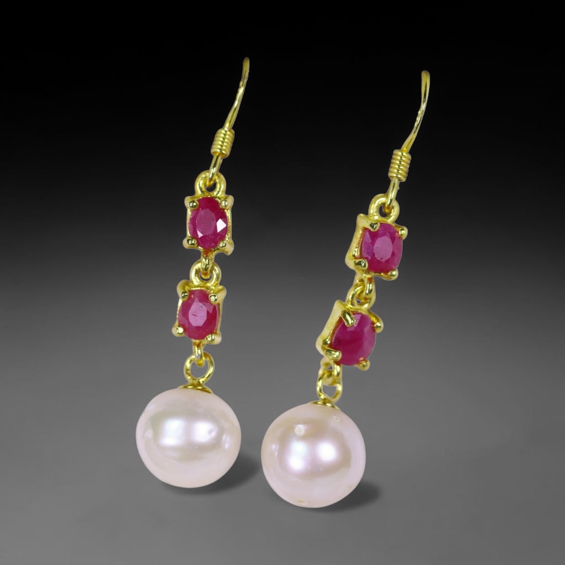 Pearl & Ruby Earrings - 925 Sterling Silver - Plated 18K Gold, 117B (1 of 3)
