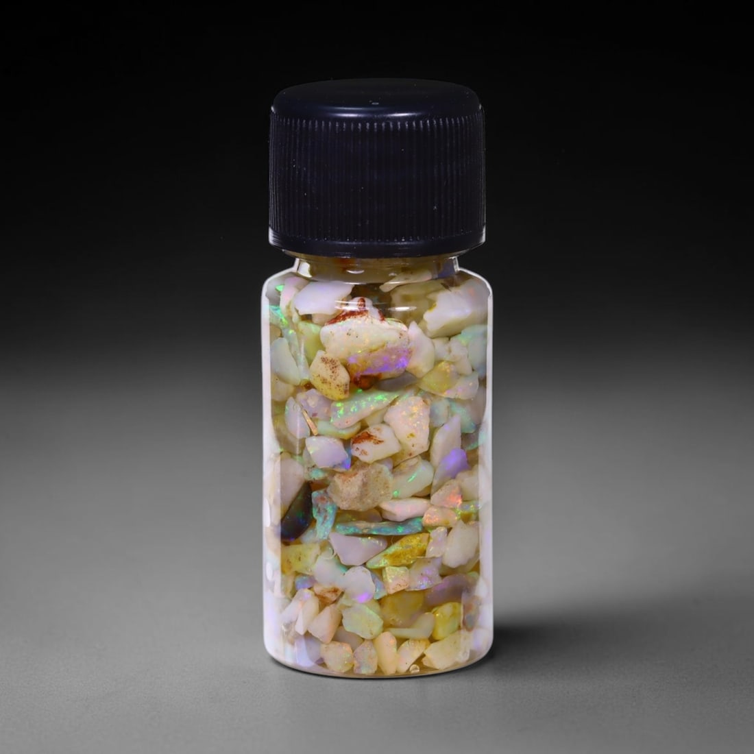 Australian Lightning Ridge Crystal Black Opal Rough Chip Jar (Good For Display), 922B: Ksmith Heritage Auctioneers Subject: Natural Australian Opal Origin: Australia Quantity: 1 Jar as photo