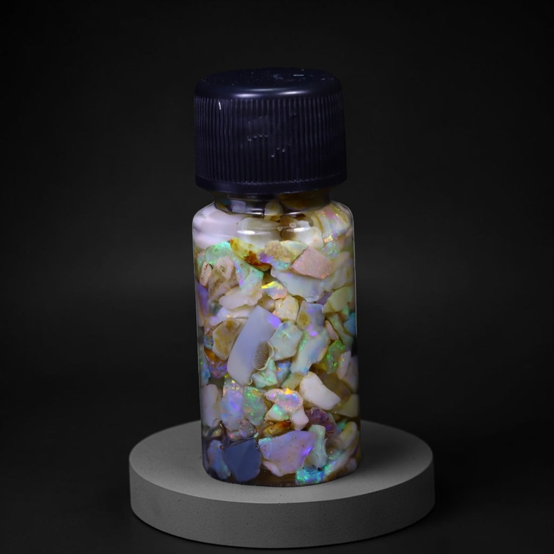 Australian Lightning Ridge Crystal Black Opal Rough Chip Jar (Good For Display) , 343E: Ksmith Heritage Auctioneers Subject: Natural Australian Opal Origin: Australia Quantity: 1 Jar as photo