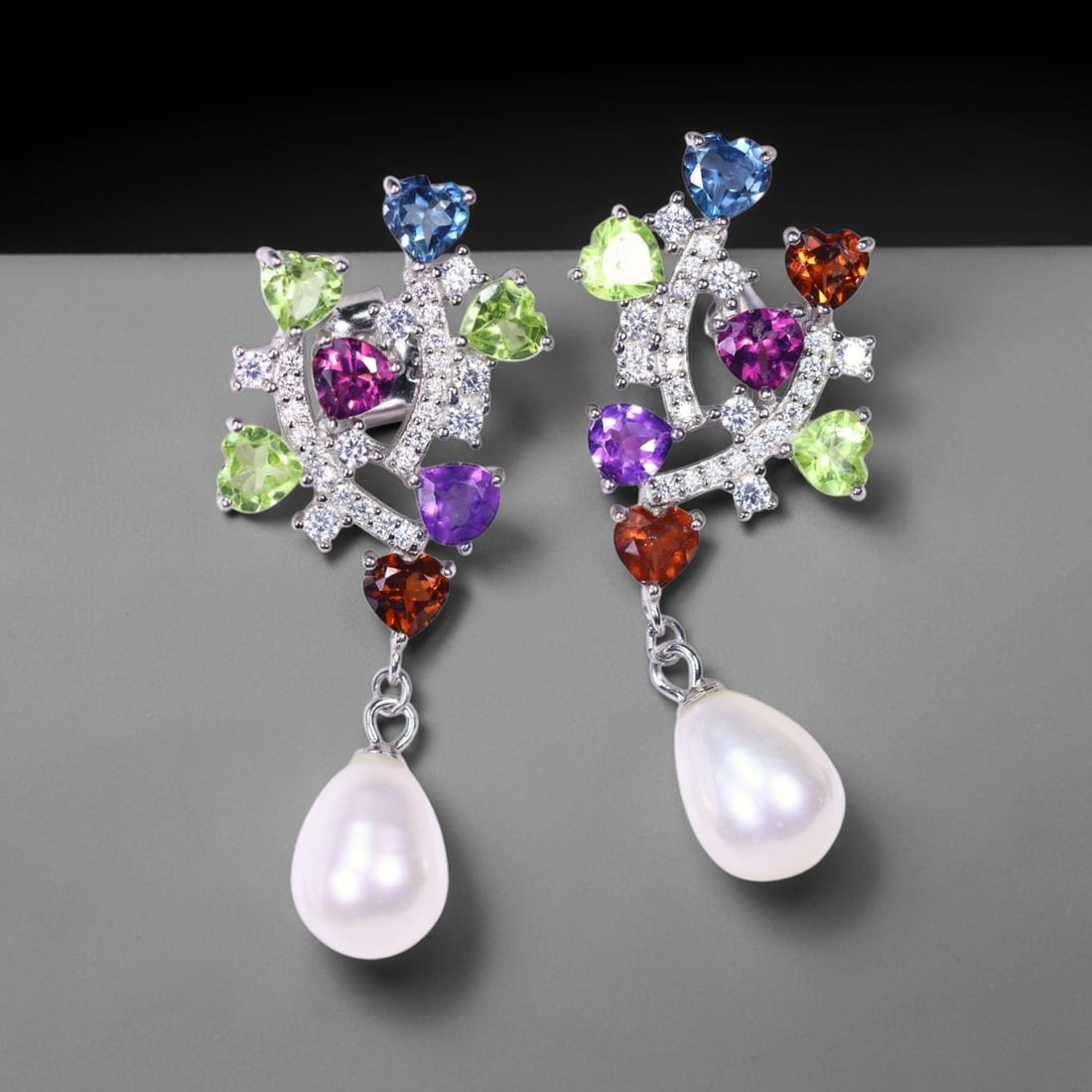Pearl & Multi Stone Earrings - 925 Sterling Silver - Plated White Gold , 639E (1 of 3)