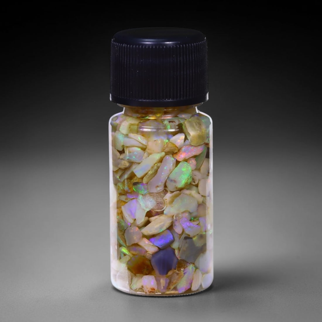Australian Lightning Ridge Crystal Black Opal Rough Chip Jar (Good For Display), 147B: Ksmith Heritage Auctioneers Subject: Natural Australian Opal Origin: Australia Quantity: 1 Jar as photo