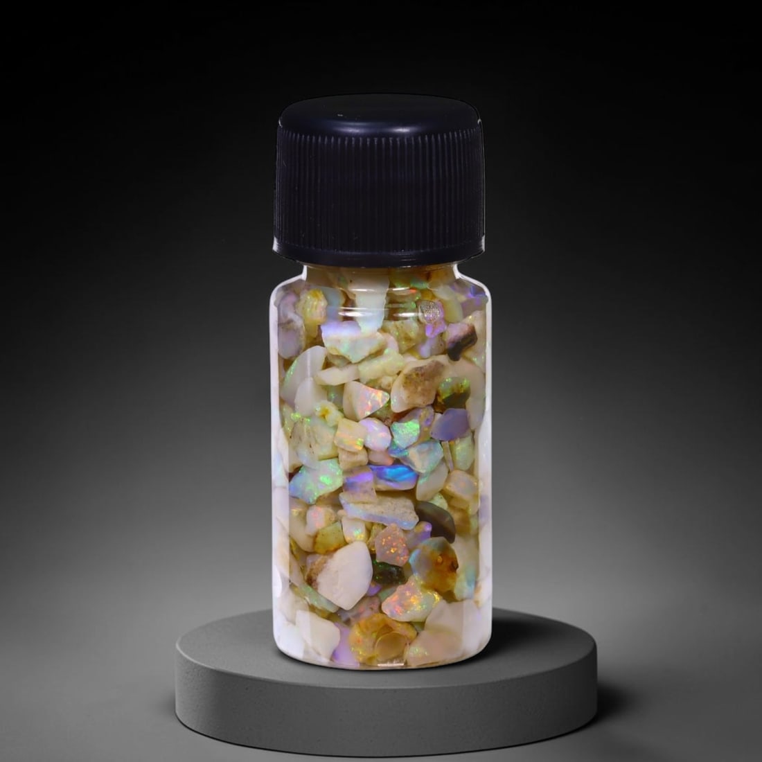 Australian Lightning Ridge Crystal Black Opal Rough Chip Jar (Good For Display), 607B: Ksmith Heritage Auctioneers Subject: Natural Australian Opal Origin: Australia Quantity: 1 Jar as photo