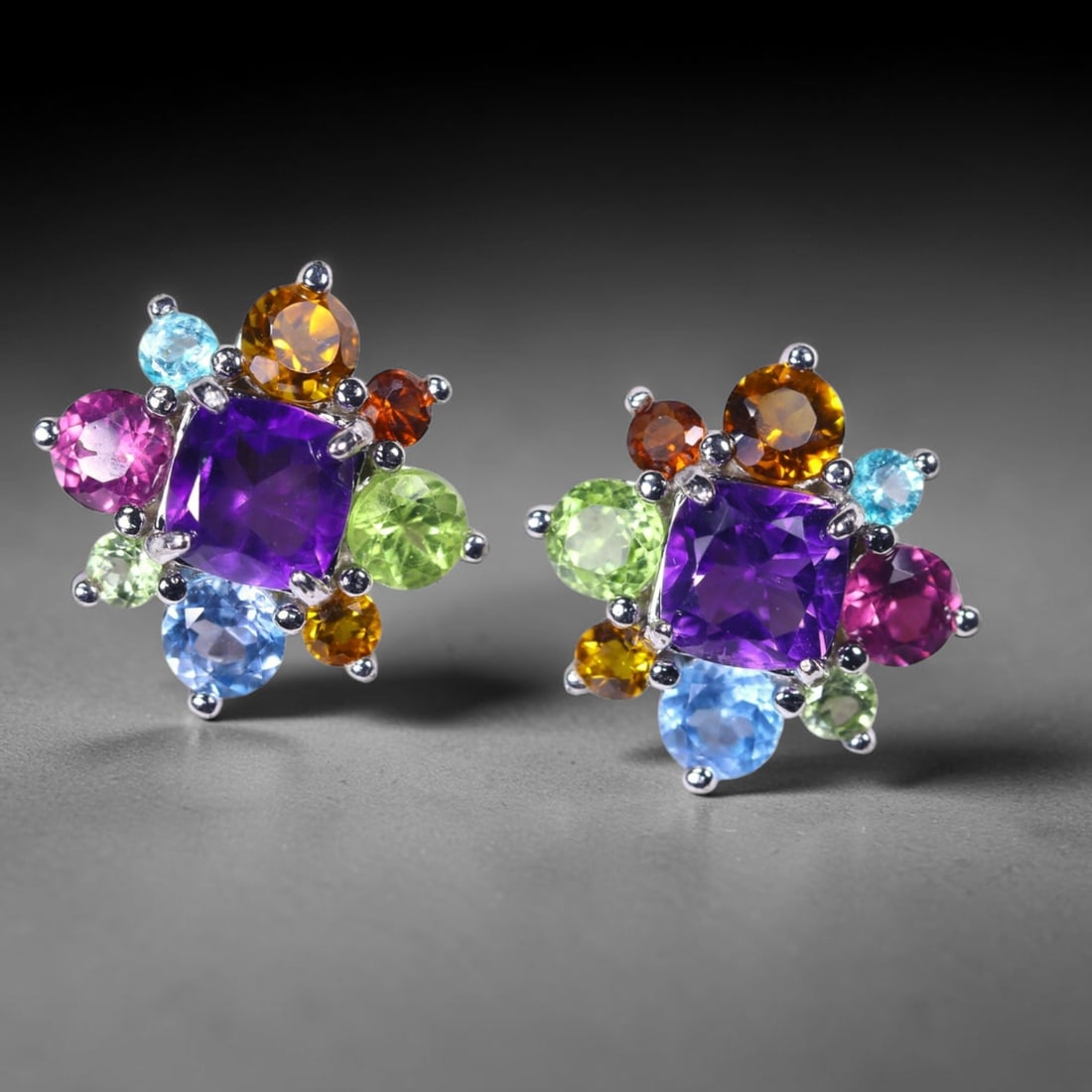Earrings Amethyst Citrine And Multi Stone - 925 Sterling Silver - Plated 14K White Gold , 395E: Ksmith Heritage Auctioneers Subject: Natural Amethyst, Citrine, Paraiba Blue Topaz, Peridot, Rhodolite Garnet, Sky Blue Topaz Origin: Thailand Carat Weight: 3.81g Dimension: Gemstone 1.5-6mm