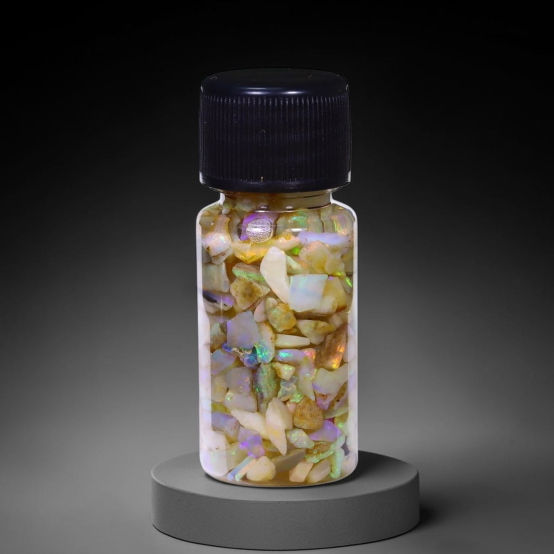 Australian Lightning Ridge Crystal Black Opal Rough Chip Jar (Good For Display), 732B: Ksmith Heritage Auctioneers Subject: Natural Australian Opal Origin: Australia Quantity: 1 Jar as photo