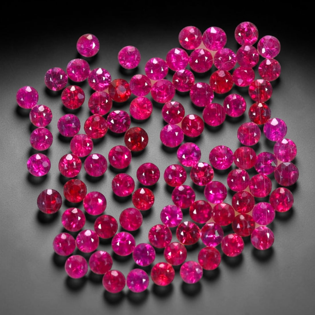2.55Ct Heated Ruby Set - 1.7mm Round Diamond Cut , 903E: Ksmith Heritage Auctioneers Subject: Natural Ruby (Without box) Origin: Burma Dimension: 1.7-1.8 x1.2 mm Treatment: Heated Shape: Round Type: Faceted, Polished