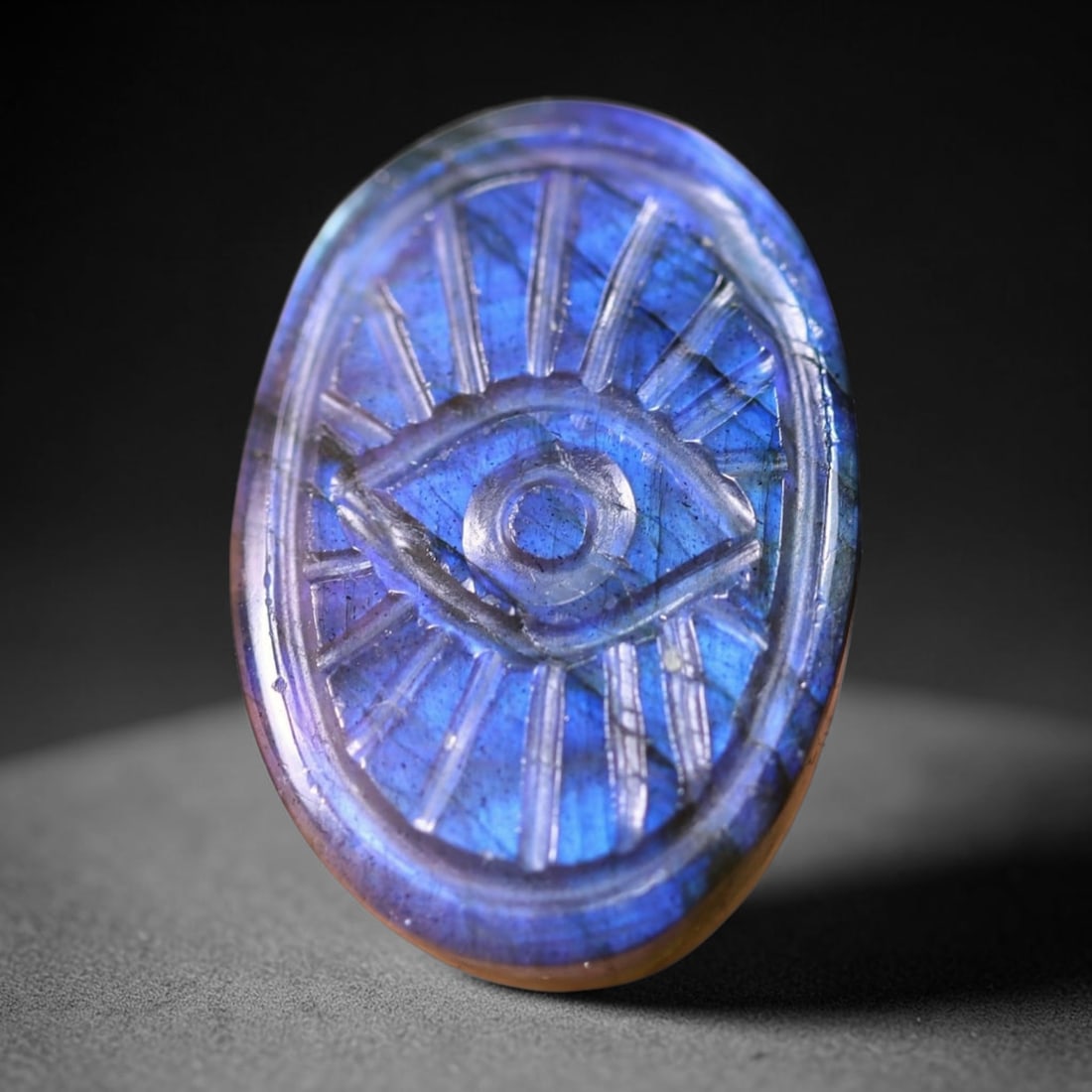 18.52cts Labradorite Evil Eye - Carving , 392E: Ksmith Heritage Auctioneers Subject: Natural Labradorite Origin: India Carat Weight: 18.52cts Dimension: 21.5x15.2x5.8 mm Treatment: Unheated Type: Carving