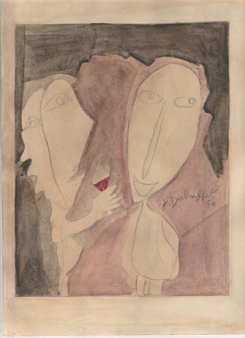 JEAN DUBUFFET DRAWING ON PAPER, 1954: JEAN DUBUFFET ( 1901 - 1985) - DRAWING ON PAPER, 1954Pencil and ink wash on paper drawing, depicting an abstraction of a couple drinking wine. Signed in the lower right corner, dated 1954. This drawin