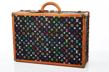 Takashi Murakami for Louis Vuitton Alzer 60 Suitcase: black multicolour monogram canvas, natural cowhide leather rolled handle and trim with reinforced rivets, ID tag, aged brass hardware to corners, lock and trunk latches, taupe alcantra lined interior