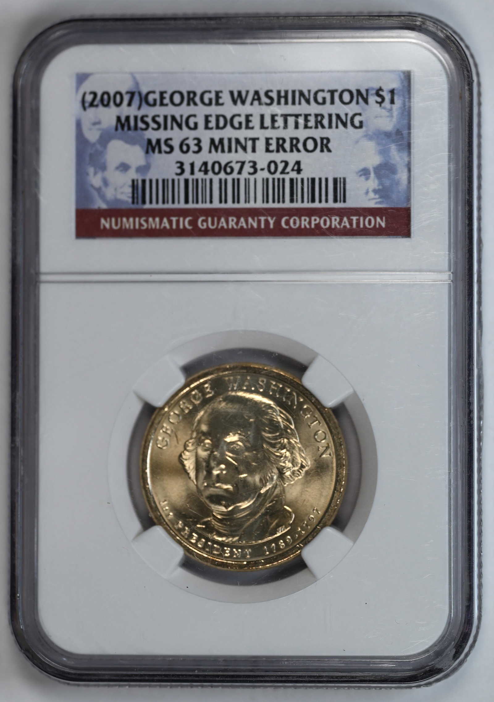 2007 Missing Edge Lettering Mint Error George Washington Presidential Dollar NGC MS 63 (1 of 2)