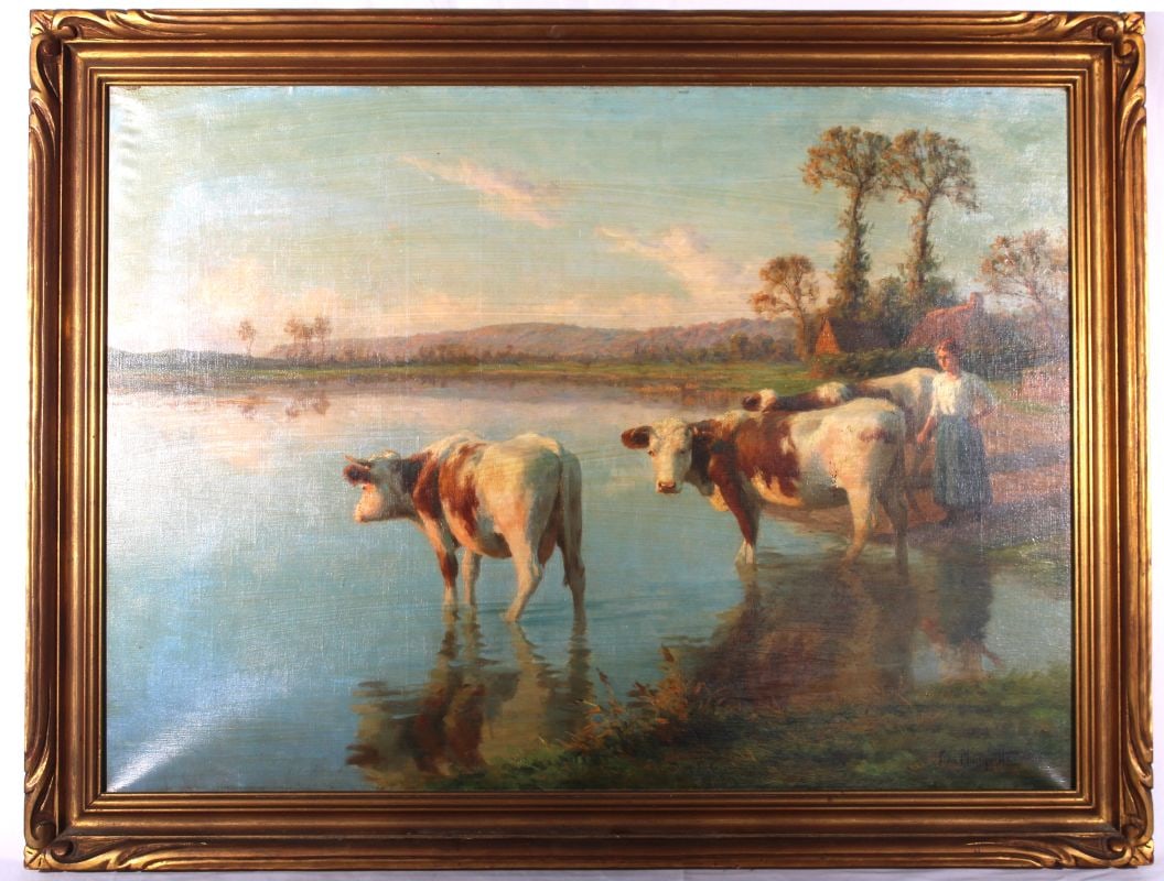 French Painting of Cows in Stream by Felix Planquette 1873-1964 (1 of 7)