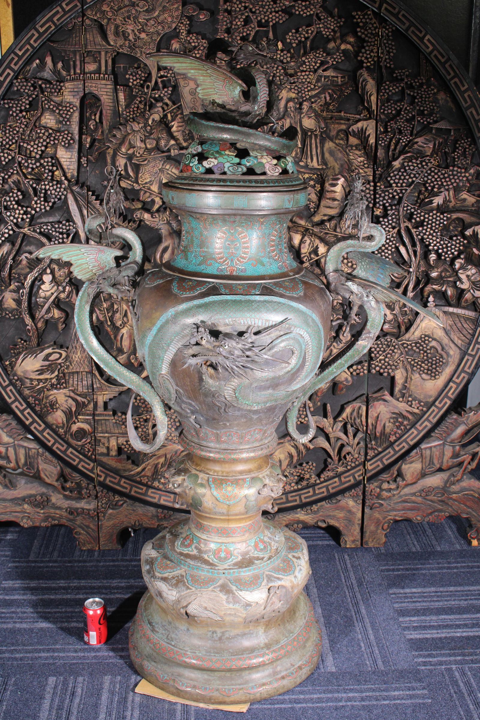 Monumental Japanese Meiji Cloissone Bronze Temple Urn,19th Century (1 of 9)