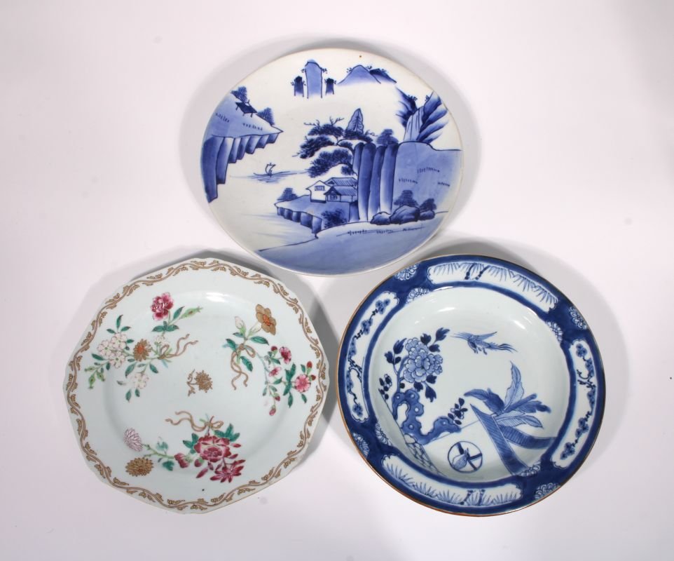 Two Antique Blue and White Plates and a Famille Rose Plate (1 of 7)