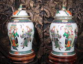 Pair of Large Chinese Famille Rose Green Jars with Lion Handles,19th Century