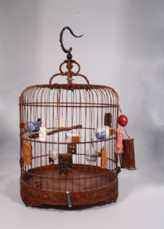 Chinese Wooden Carved Bird Cage with Porcelain Bird Feeders (1 of 11)