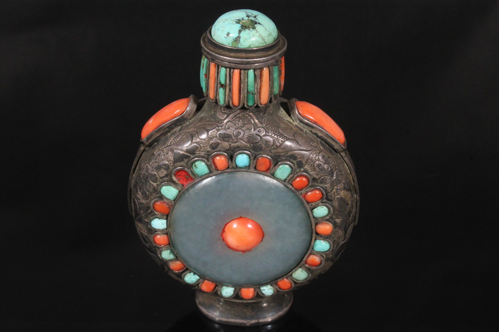 Silver snuff bottle adorned with topaz, coral, and jade stones (1 of 6)