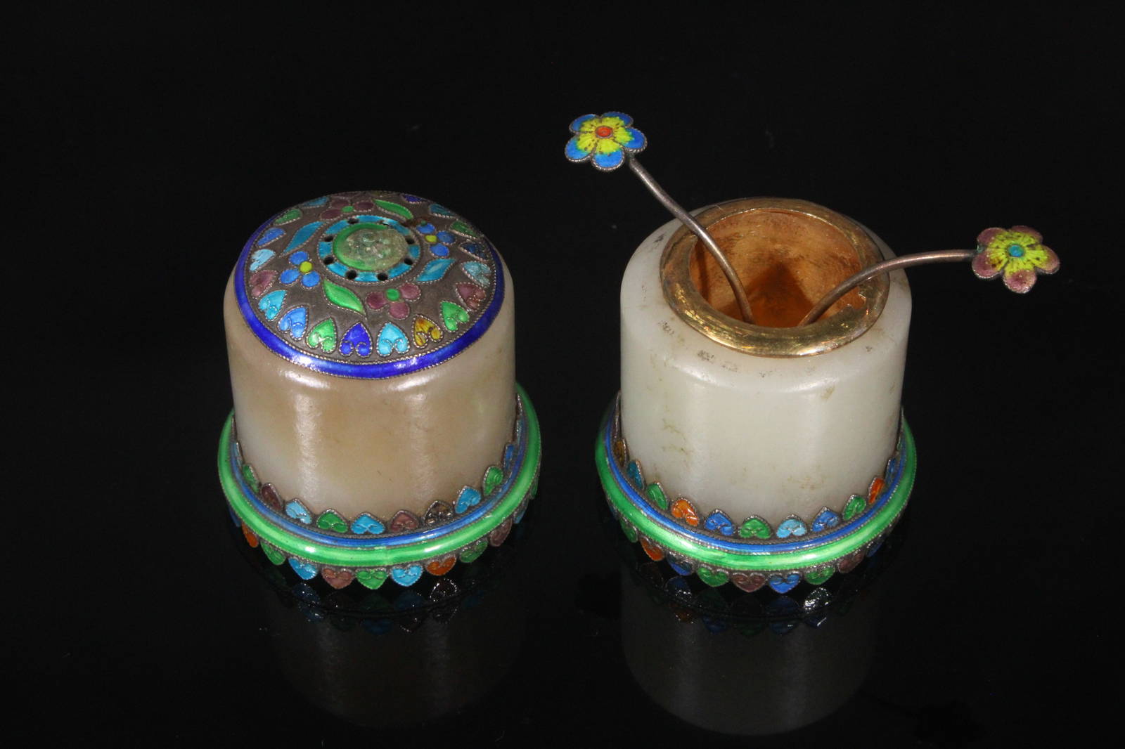 A Set Of Salt And Pepper Jars With Spoons With Cloisonnã© Design Top And Base, Made From Jade