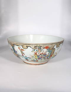 Large Chinese Famille Rose Export Porcelain Gilt Punch Bowl, 18th Century: Chinese 18th Century Export Famille Rose Enameled Porcelain Bowl with 2 large shaped panels to sides, 1 with Performer entertaining a Court Scene and 1 with Men & Lady Court Figures on Horseback, the