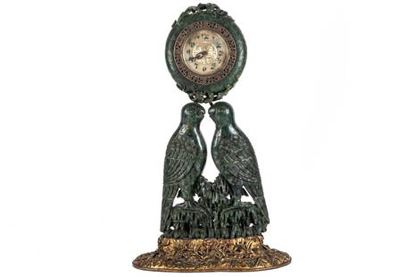 Chinese Spinach Jade Clock by Edward Farmer: This breathtaking 1910-20's American Chinese style Chinoiserie clock is by Edward I. Farmer, the renowned early 20th century antiques dealer and Chinese jade importer. This magnificent clock is made f