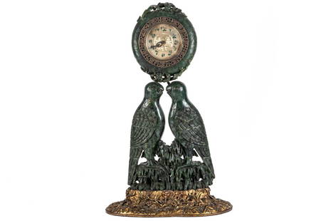 Chinese Spinach Jade Clock by Edward Farmer: This breathtaking 1910-20's American Chinese style Chinoiserie clock is by Edward I. Farmer, the renowned early 20th century antiques dealer and Chinese jade importer. This magnificent clock is made