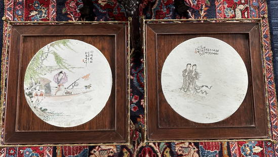 A Pair of Qian Jiang Porcelain Inlay Center Tables, Qing Dynasty: Wang Junshun was a famous painter of light crimson colors in the late Qing Dynasty. He was active from the 26th year of Guangxu (1900) to the 31st year of Guangxu (1905) of the Qing Dynasty. Two