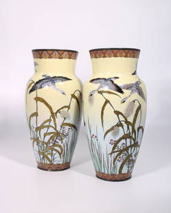 A Pair of Japanese Meji Cloisonne Vases with Geese Scene: These vases are 12.5 inches tall and 5 inches wide.