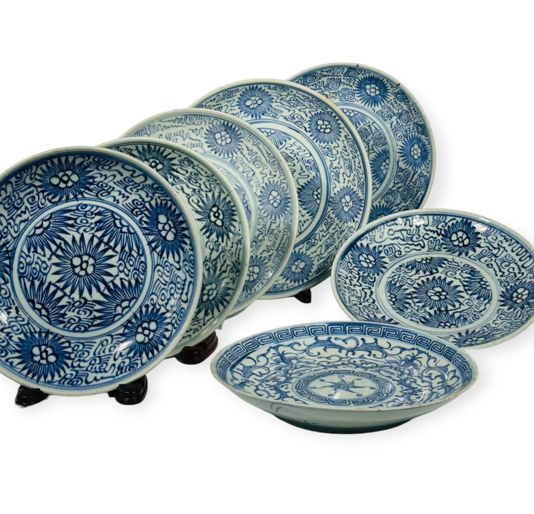Seven Chinese Blue and White Plates, Qing Dynasty (1 of 7)
