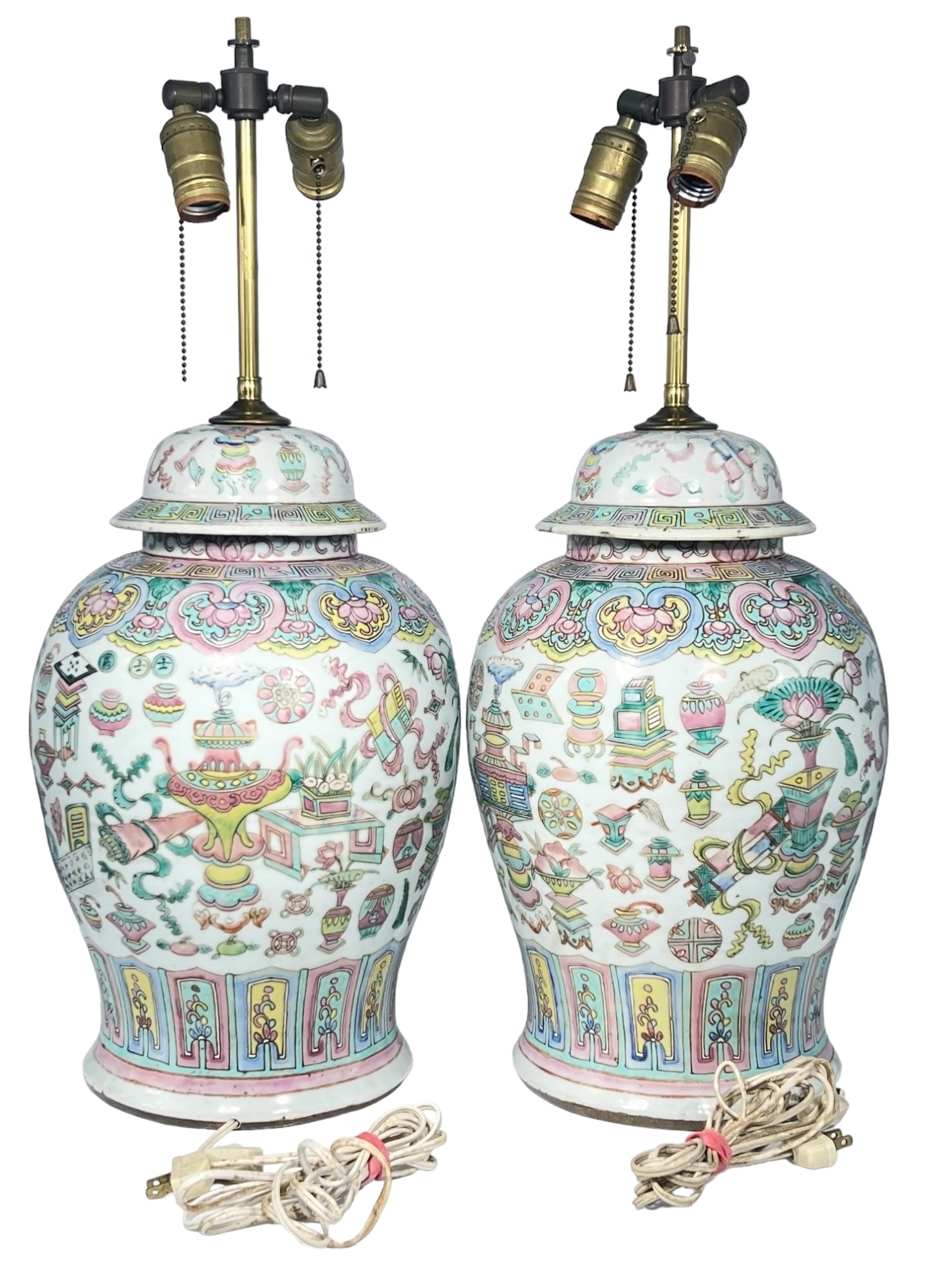 A Pair of Chinese Famille Rose Porcelain Lamps, 19th Century: Height: 26 in. Width: 10 in.