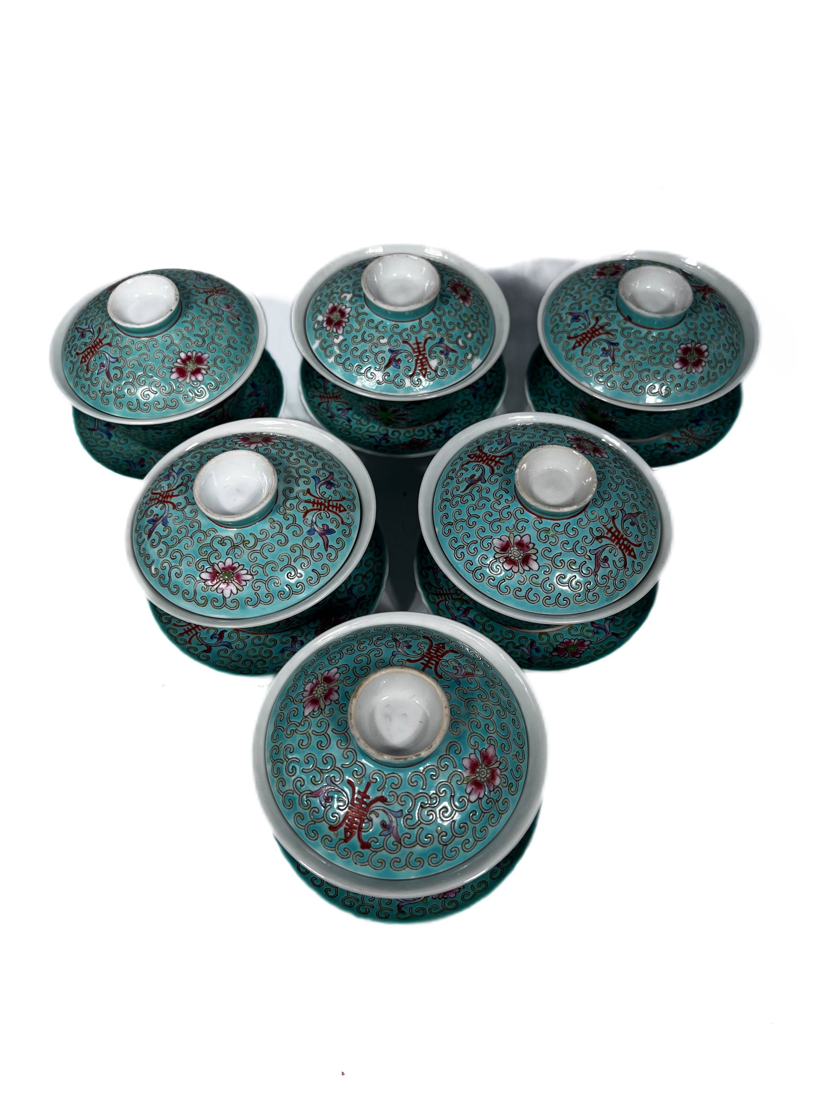 A Set of Six Chinese Teacups with lids and stands (1 of 6)