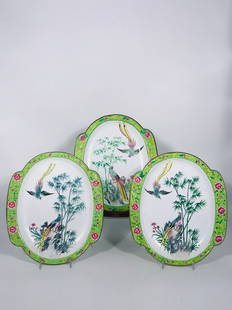 Three Chinese Enamel Plates: The diameter of all of them are 10 inches in length and 8.6 inches in width.