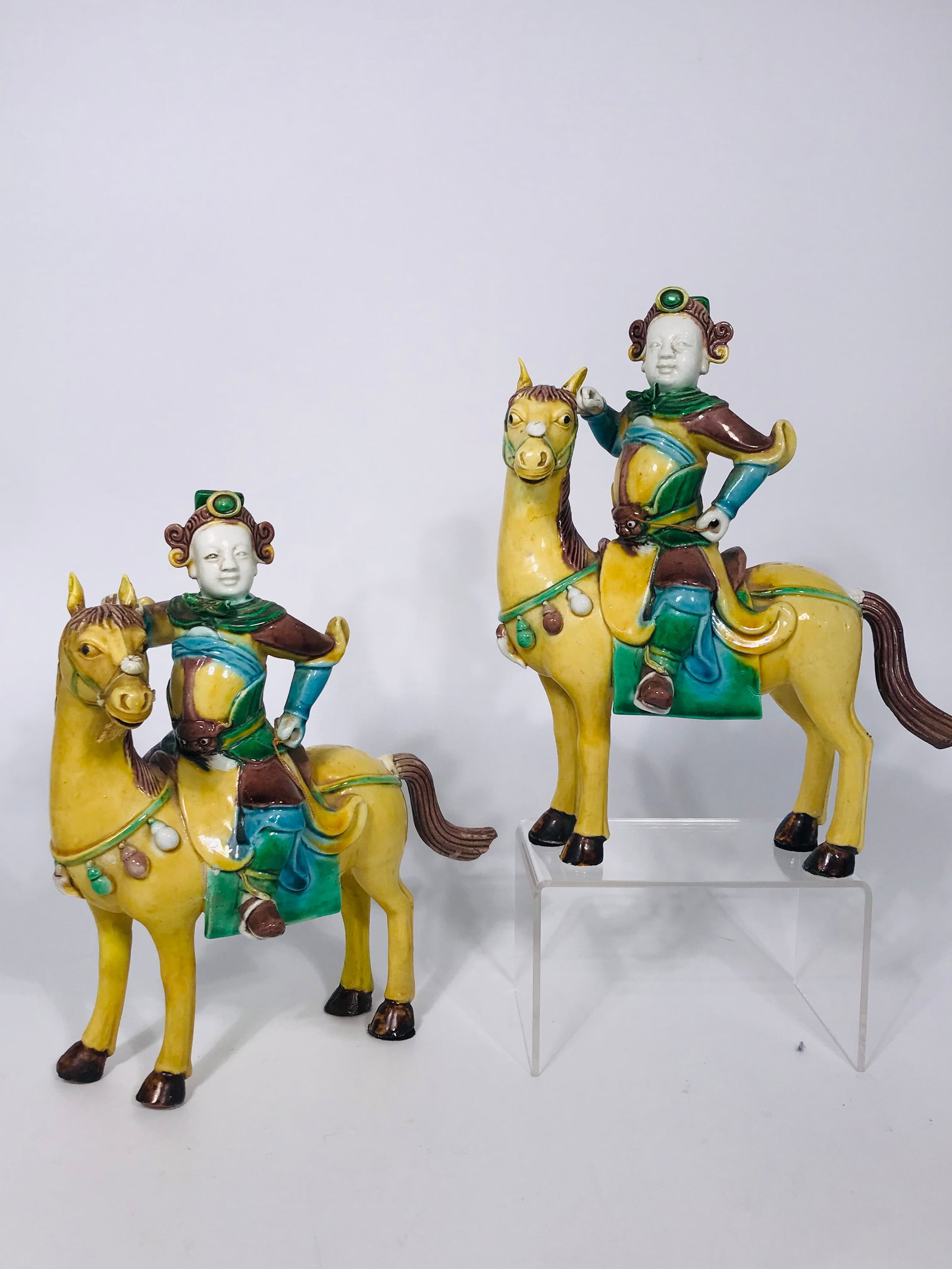 Pair of Chinese Famille Verte Sculptures, Republic Period: In the statues, people are sitting on horses. The height is 9 inches, and the width is 7.5 inches. Provenance: From New Jersey