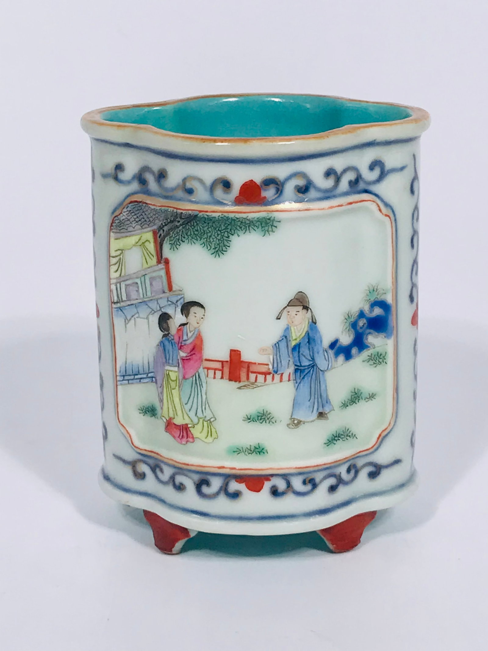 Chinese Famille Rose Brush Pot: There are window illustrations with figures painted on the brush pot. The height is 5.5 inches, and the width is 2.75 inches. The diameter is 2.2 inches. Provenance: From Queens, NY.
