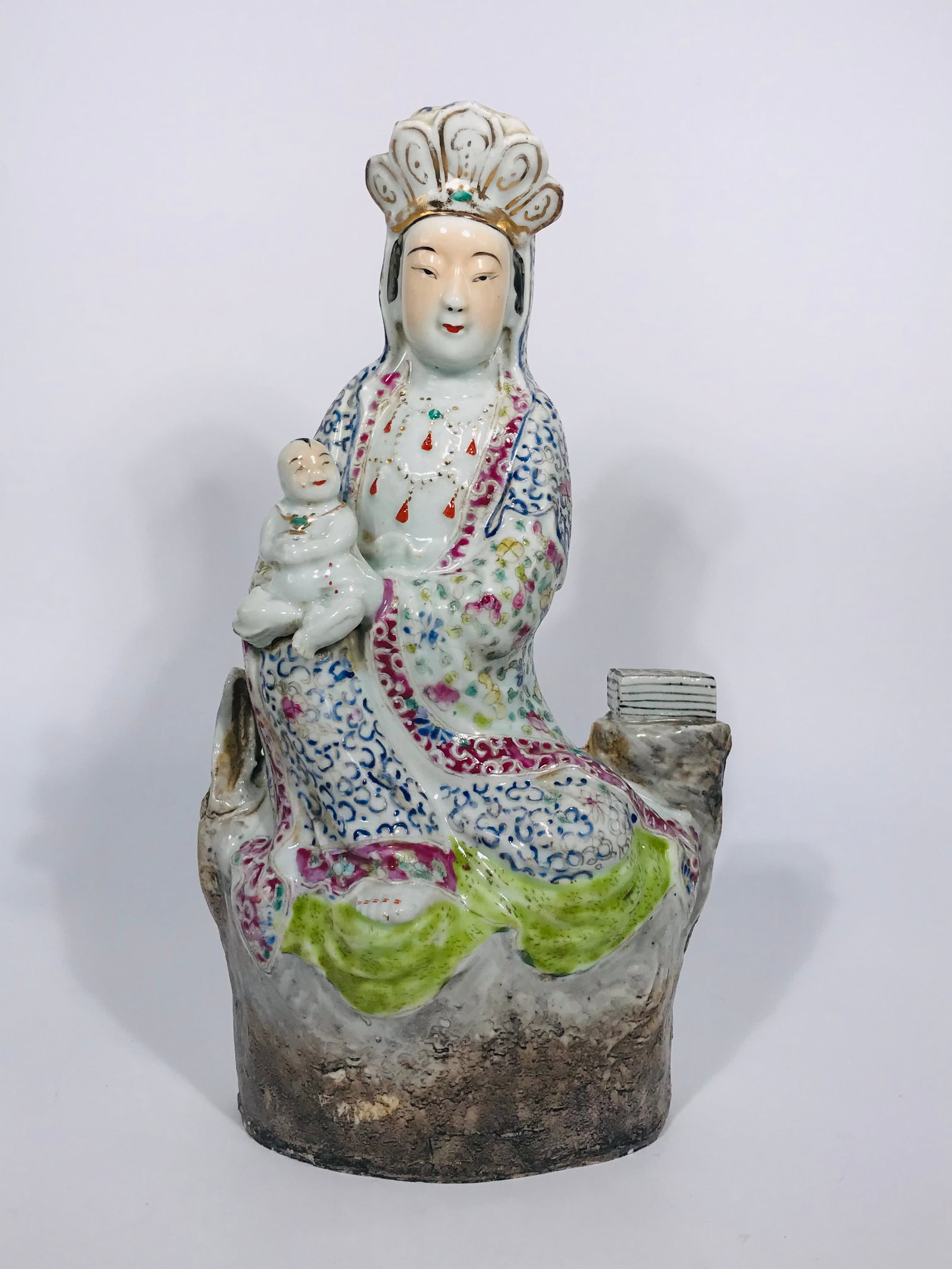 Chinese Guanyin Porcelain Sculpture: The height is 14.5 inches, and the width is 7.75 inches. Provenance: From Boston, MA.