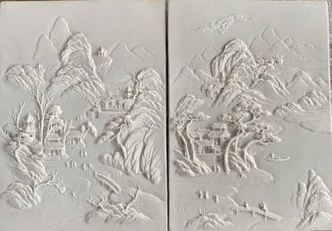 A Pair of Carved Biscuit Porcelain Rectangular Plaques Signed Chen Guozhi