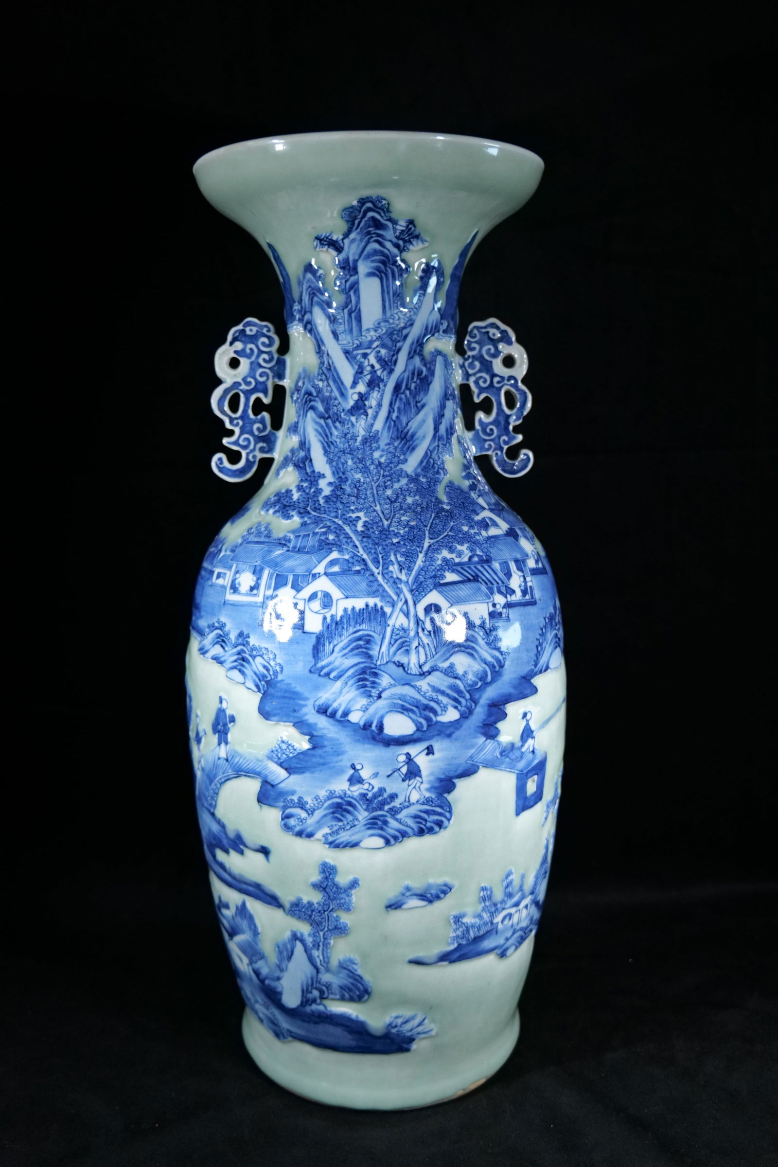 A Large Celadon-Ground and Underglaze Blue-Decorated 'Figural and Landscape' Vase, Mid-Qing Dynasty (1 of 6)