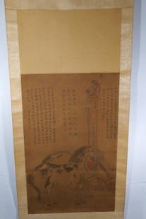 A Chinese Painting of Horses in Zhao Mengfu Style: Chinese painting depicts two horses resting next to a hitching post. Ink and color on silk, hanging scroll, 69 in. (175.3) x 22.1/4 in. (56.5 cm.)