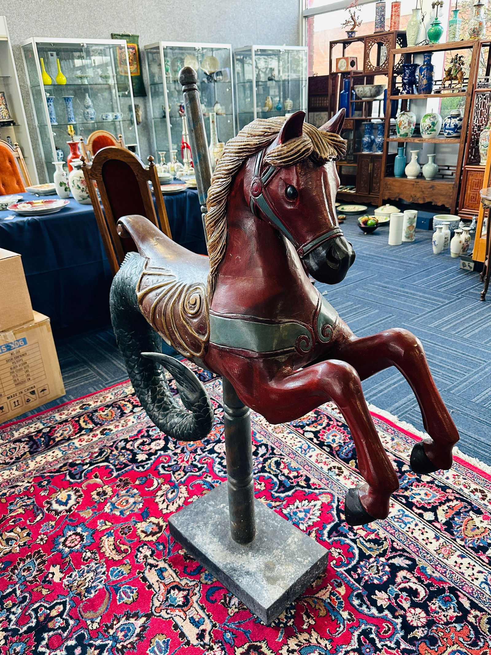 An Antique Painted Carousel Seahorse and Stand (1 of 7)