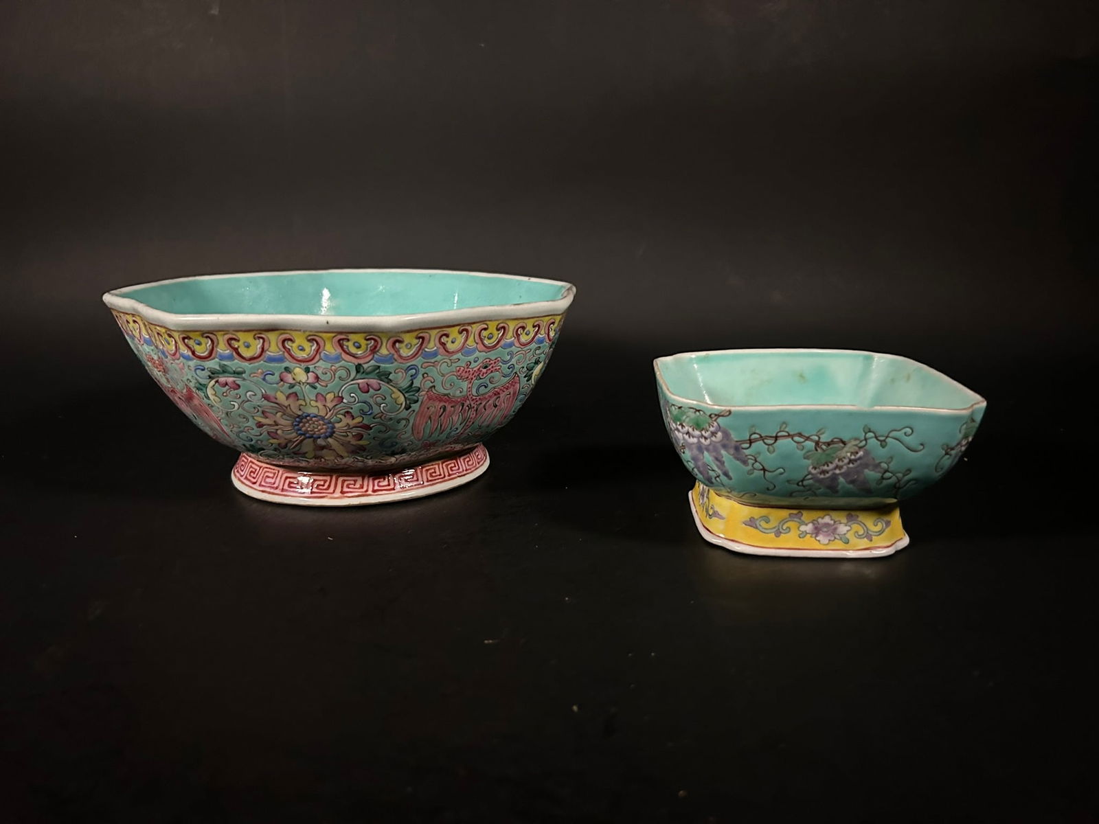 Two Chinese Famille Rose-Decorated Turquoise-Glazed Bowls, 19th Century (1 of 17)