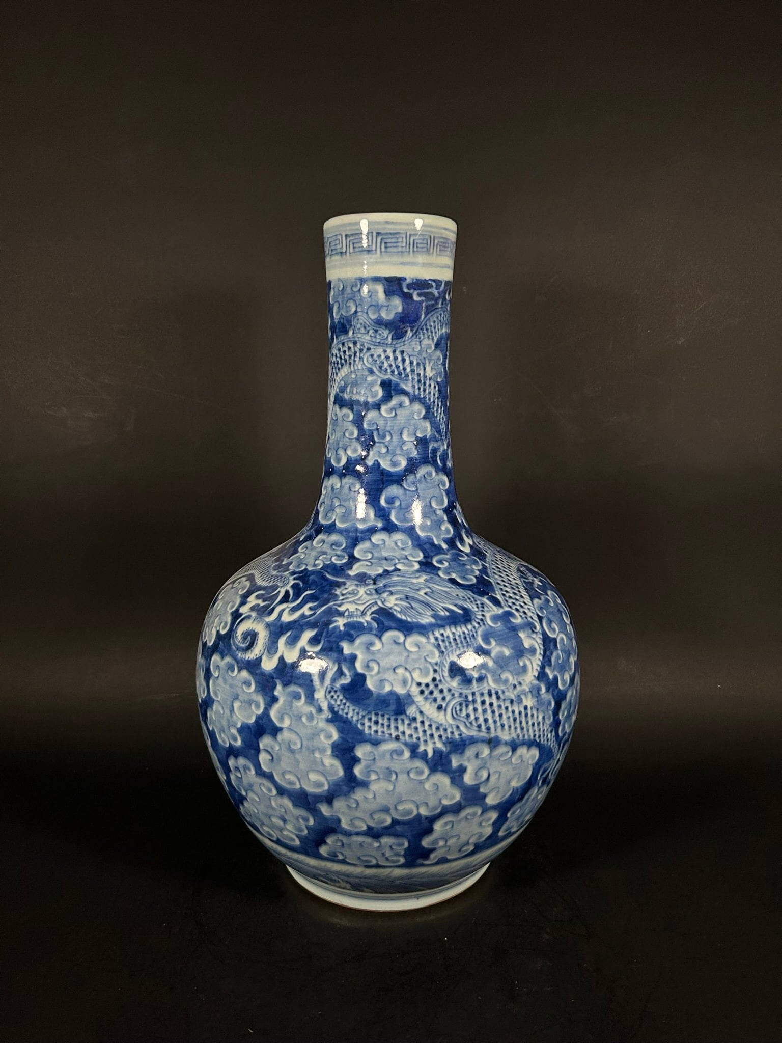 A Chinese Blue And White 'dragon' Bottle Vase, Tianqiuping, Qing