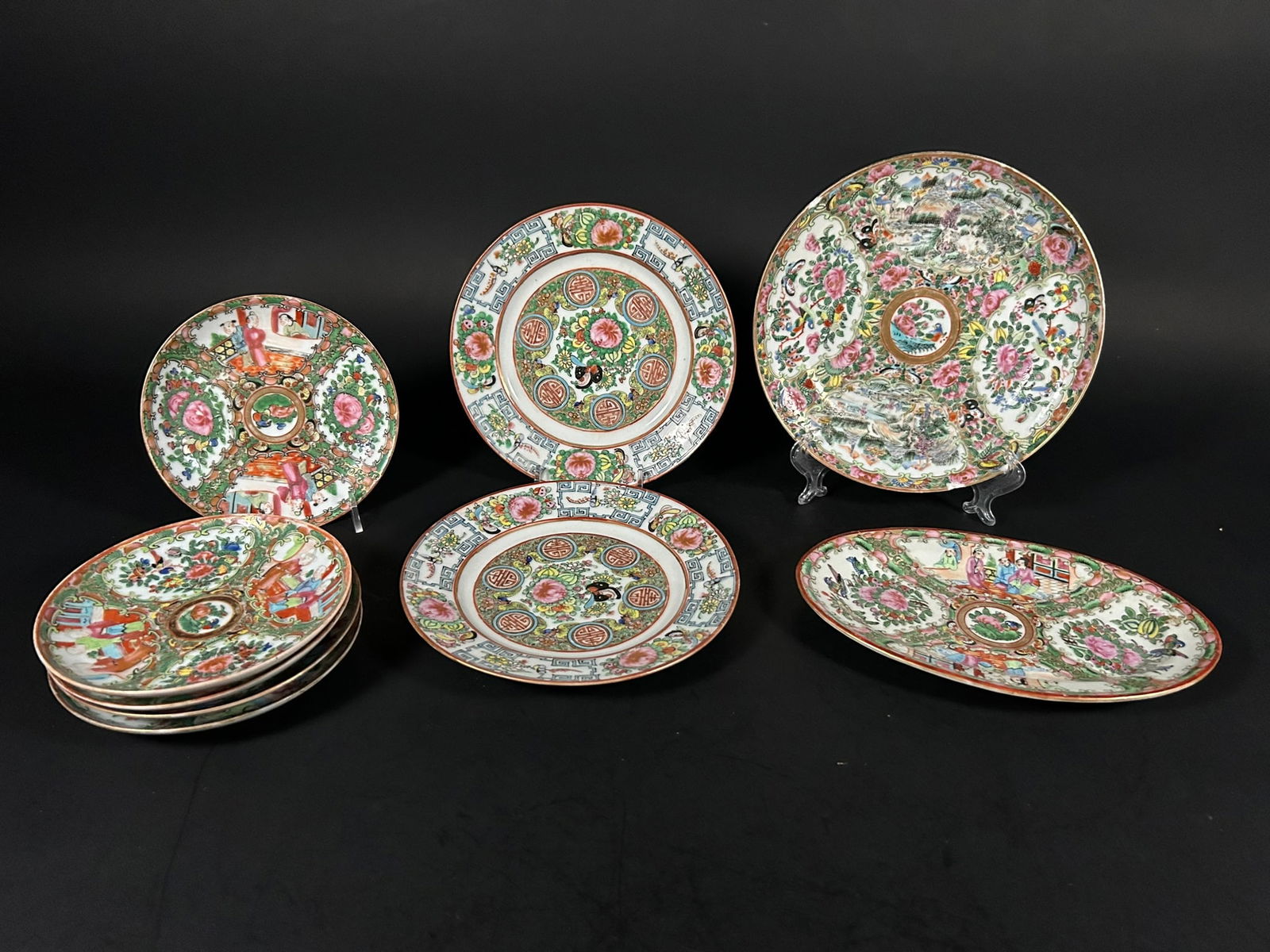A Group of Nine Chinese Famille Rose and Gilt-Decorated Dishes, Qing Dynasty (1 of 9)