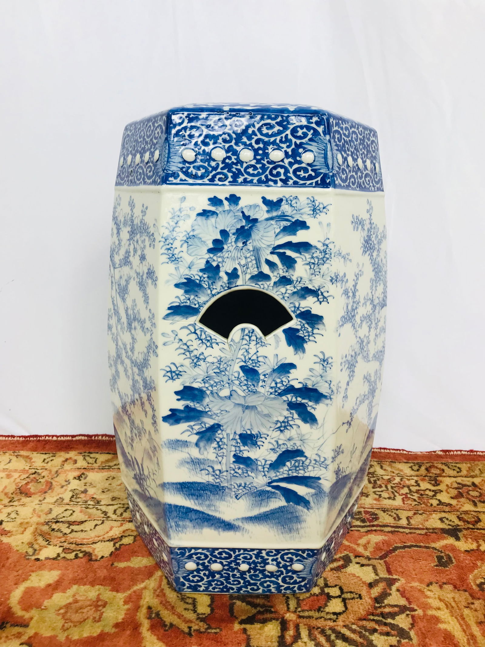 A Japanese Blue and White Garden Stool: 19.5 in. high, 11 in. diam.