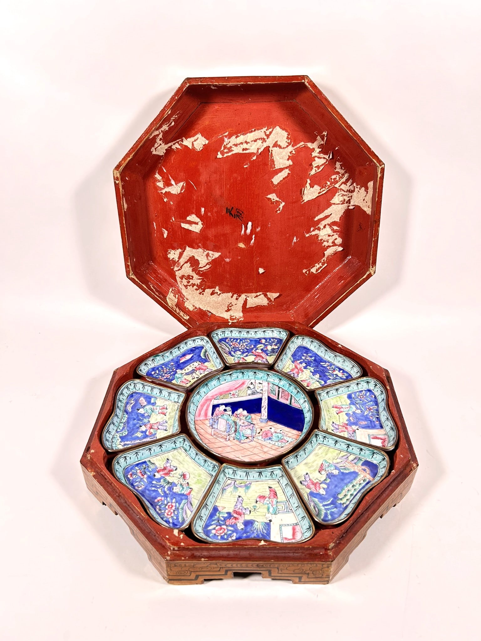 A Set of Nine Chinese Small Painted Enamel Dishes with a Fitted Wood Box (1 of 14)